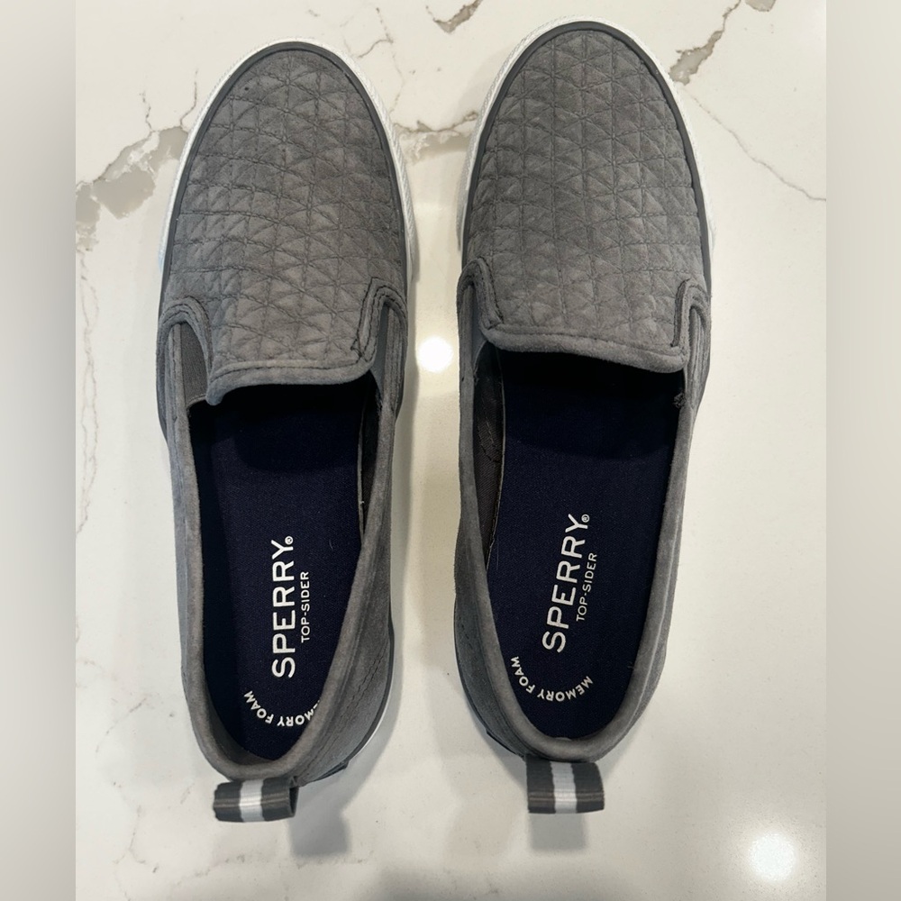 Sperry Grey Quilted Suede TopSider Slide On Shoes - Sz 6 Memory Foam
